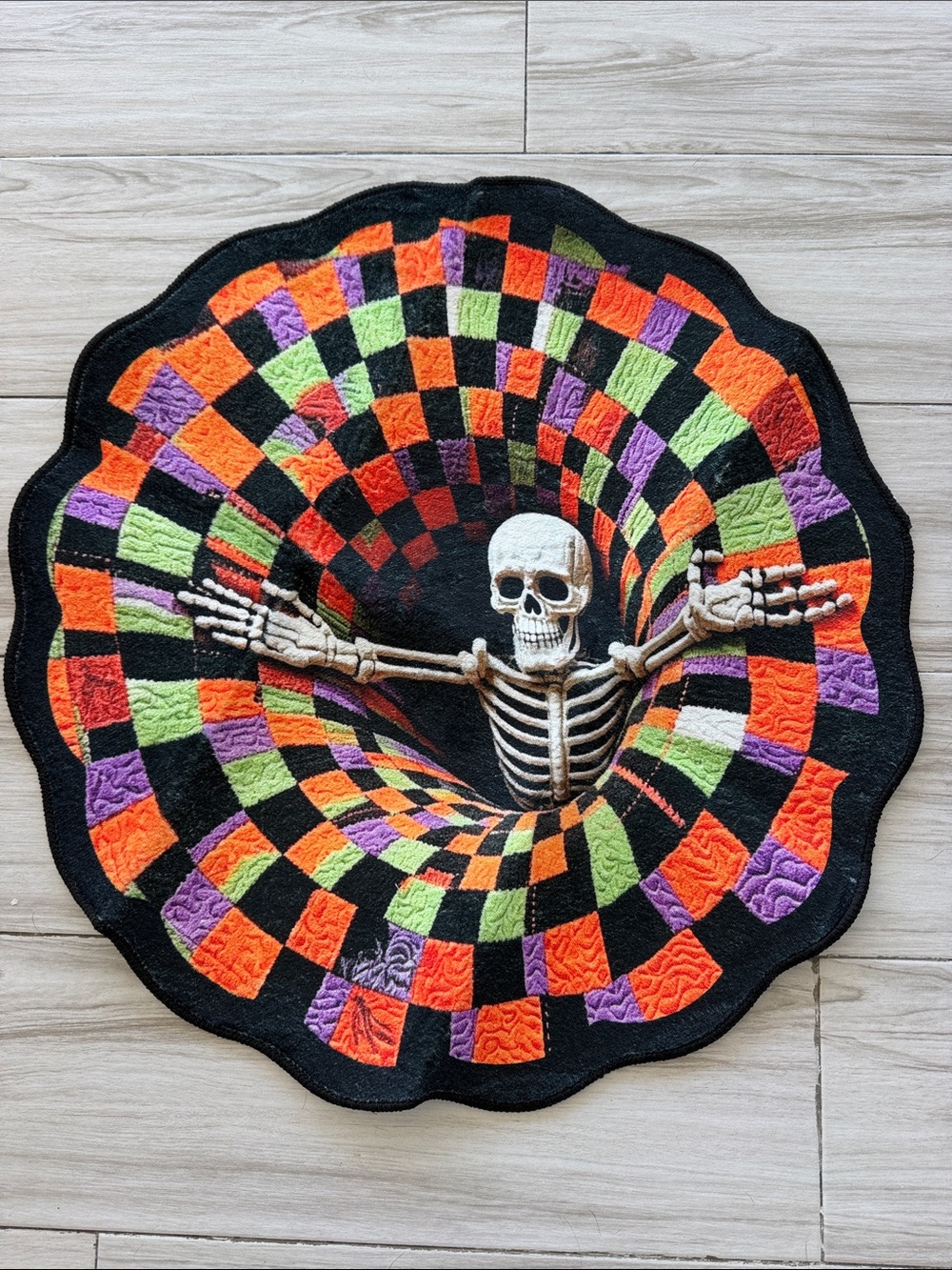 Skeleton Vortex Round Halloween Door Mat - Black, Orange, Green, Purple